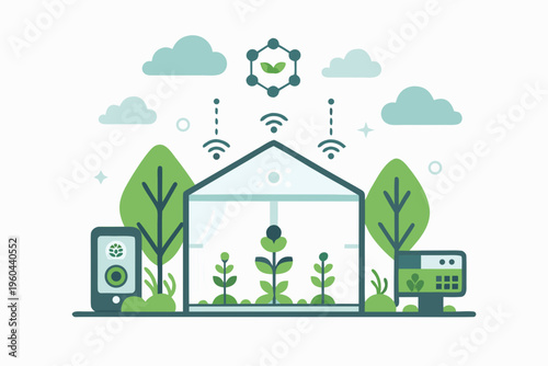 Smart greenhouse with connected devices monitoring plant growth and environmental data