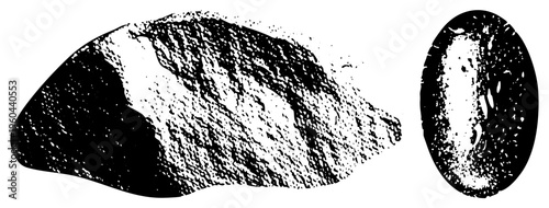 Black and white halftone rendering of geological rock surface and section, textured vector graphic, mineral specimen, geology study, scientific illustration.