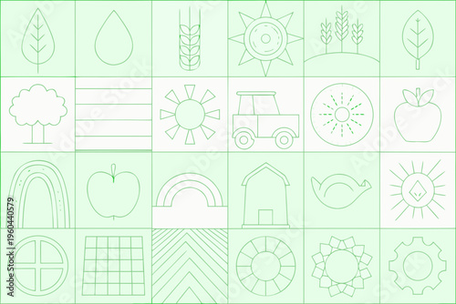 A grid of light green line art icons depicting agricultural elements