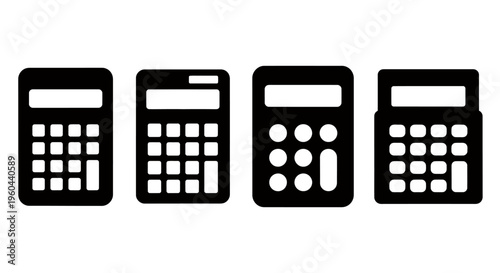 Sequence of four black calculator icons representing digital devices in a row showing numeric keys and minimalist design.