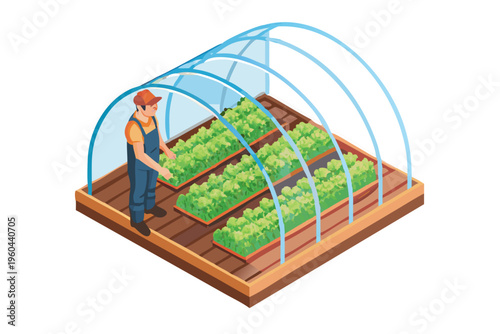Isometric illustration of a gardener tending to plants inside a greenhouse