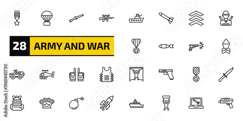 army and war outline icon set. 28 linear vector for ui, web and mobile. thin line militar in, parachute, bayonet on rifle and more icons.