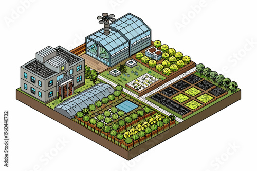 Isometric illustration of a sustainable farm with greenhouse and buildings