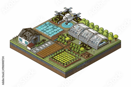 Isometric futuristic farm with greenhouses crops and a flying vehicle