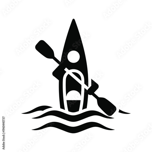 Kayak icon with person and paddle floating on water waves, black silhouette vector illustration for outdoor adventure and water sports