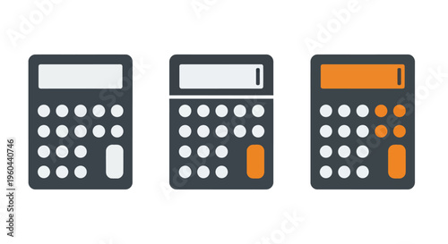 Three Calculators in Different Colors Demonstrating Basic Arithmetic and Tools.