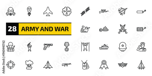 army and war outline icon set. 28 linear vector for ui, web and mobile. thin line gas mask, skull army, airplane and more icons.