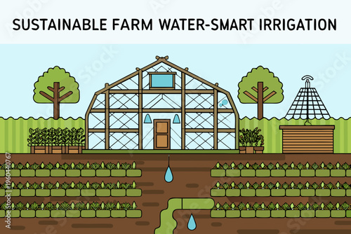 Illustration of a sustainable farm with greenhouse and smart irrigation systems