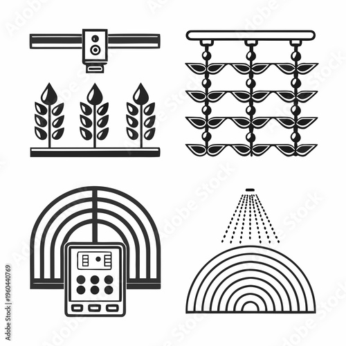Modern agricultural technology icons depicting automated farming and crop systems