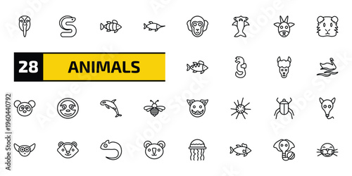animals outline icon set. 28 linear vector for ui, web and mobile. thin line albotros, eel, clown fish and more icons.