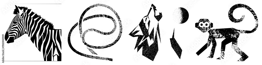 Naklejka premium Stylized zebra, snake, wolf, moon, monkey in bold black shapes with halftone grain, vector art, graphic design elements, isolated animal.
