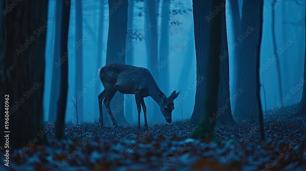 Naklejka premium Solitary Spotted Deer Foraging in an Ethereal Blue Forest at Twilight.