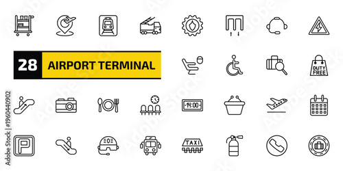 airport terminal outline icon set. 28 linear vector for ui, web and mobile. thin line trolley with food, airport placeholder, car trolley and more icons.