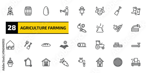 agriculture farming outline icon set. 28 linear vector for ui, web and mobile. thin line water tower, barrell, egg and more icons.
