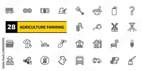 agriculture farming outline icon set. 28 linear vector for ui, web and mobile. thin line farm trailer, hay bale, smart farm and more icons.