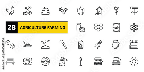 agriculture farming outline icon set. 28 linear vector for ui, web and mobile. thin line hen, planting, poo and more icons.
