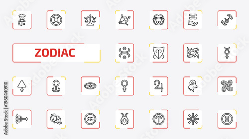 zodiac outline icon set. 25 linear vector for ui, web and mobile. thin line precipitation, greatness, justice and more icons.