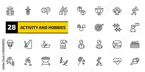 activity and hobbies outline icon set. 28 linear vector for ui, web and mobile. thin line beer pong, motorcycle riding, petanque and more icons.