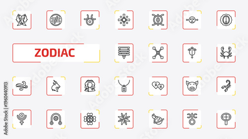 zodiac outline icon set. 25 linear vector for ui, web and mobile. thin line gemini, inequality, zinc and more icons.