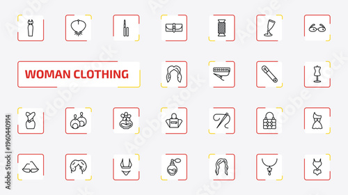 woman clothing outline icon set. 25 linear vector for ui, web and mobile. thin line bottle, necklace, eyeliner pencils and more icons.