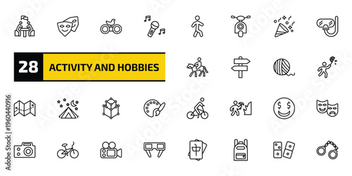 activity and hobbies outline icon set. 28 linear vector for ui, web and mobile. thin line meeting with a friend, cosplaying, bird watching and more icons.