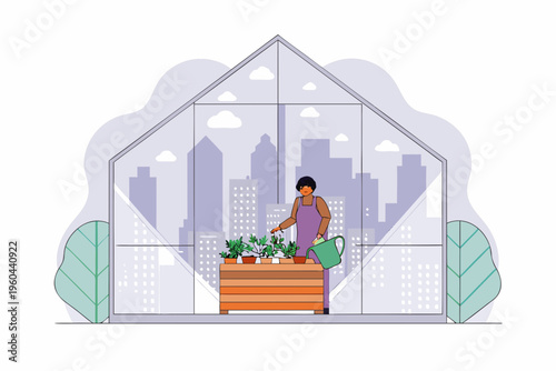 A woman cheerfully tending to potted plants inside a modern greenhouse