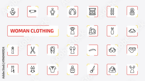 woman clothing outline icon set. 25 linear vector for ui, web and mobile. thin line perfume, perdible pin, perfume bottle and more icons.