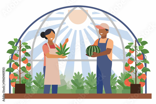 Two gardeners tending to plants inside a colorful greenhouse structure