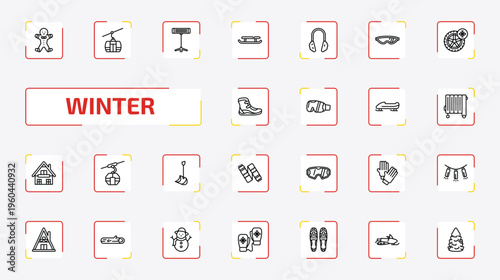 winter outline icon set. 25 linear vector for ui, web and mobile. thin line gingerbread man, ski lift, electric heater and more icons.
