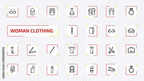 woman clothing outline icon set. 25 linear vector for ui, web and mobile. thin line round eyeglasses, hobo shoulder bag, heart shaped clothes and more icons.