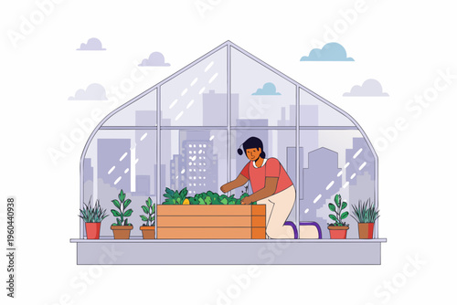Woman tending to plants inside a modern glass greenhouse with city backdrop