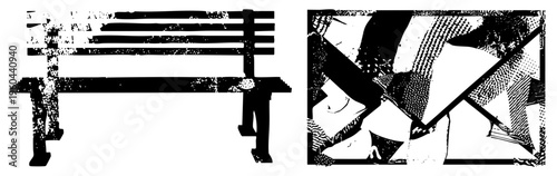 Vector bench with textured, abstract fractured shape, halftone shading, graphic design, black and white, isolated foreground, artistic composition.