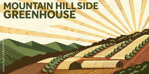 Stylized illustration of a greenhouse nestled amongst rolling green mountains