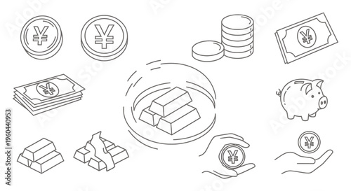 Illustration of money, coins, and piggybank representing savings and financial concepts.