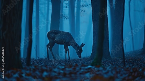 Solitary Spotted Deer Foraging in an Ethereal Blue Forest at Twilight.