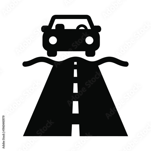 Car on flooded road icon representing natural disaster and road safety warning