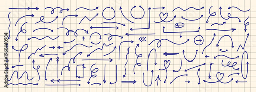 Doodle Blue Pen Thin Line Arrow Icon Set. Handdrawn Spiral Down Arrow Shape Kit. Hand Drawn Vector Illustration in Note Paper Background