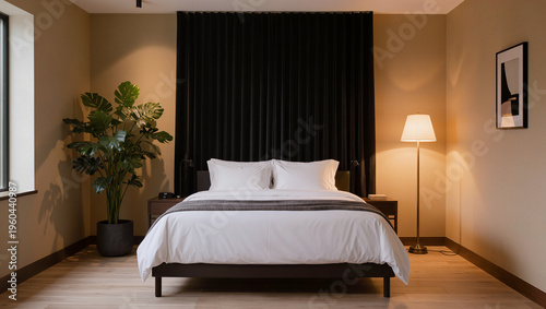 Minimalist Bedroom Interior with Dark Curtain Backdrop and Warm Lighting