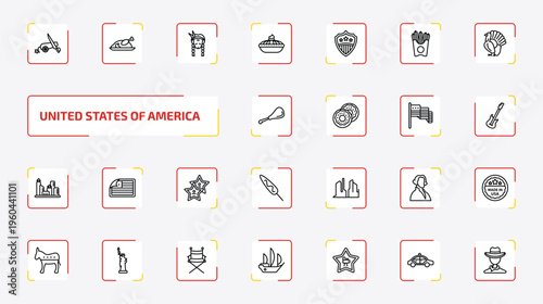 united states of america outline icon set. 25 linear vector for ui, web and mobile. thin line american civil war, roasted turkey, indian and more icons.
