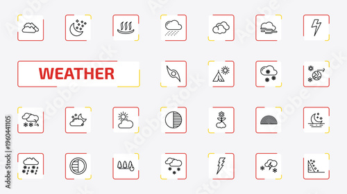 weather outline icon set. 25 linear vector for ui, web and mobile. thin line clouds, starry night, warm and more icons.