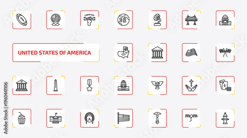 united states of america outline icon set. 25 linear vector for ui, web and mobile. thin line rugby, usa, labor day and more icons.