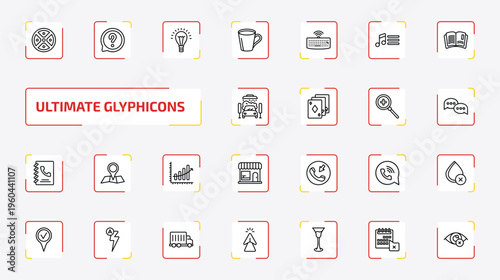 ultimate glyphicons outline icon set. 25 linear vector for ui, web and mobile. thin line circle menu, question message, light bulb on and more icons.