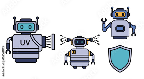 Robots with various functions depicted.