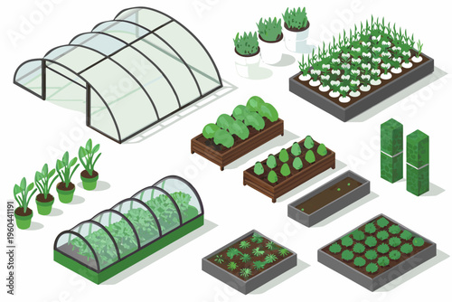 Isometric illustration of greenhouses planters and various growing plants