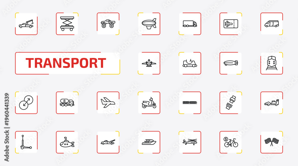 Obraz premium transport outline icon set. 25 linear vector for ui, web and mobile. thin line tow truck, lifter, monster truck and more icons.