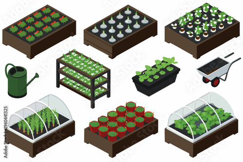 Isometric garden elements including planters greenhouse and gardening tools