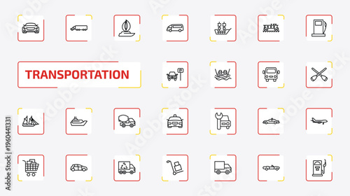 transportation outline icon set. 25 linear vector for ui, web and mobile. thin line car frontal view, eighteen-wheeler, sailboat and more icons.