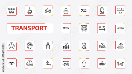 transport outline icon set. 25 linear vector for ui, web and mobile. thin line prison bus, military airplane, quad bike and more icons.