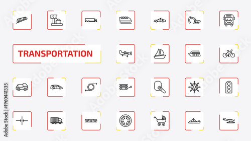 transportation outline icon set. 25 linear vector for ui, web and mobile. thin line funicular railway, airport checking, truck and more icons.