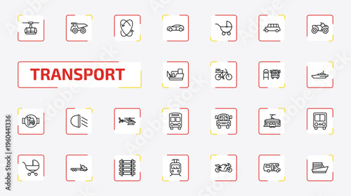 transport outline icon set. 25 linear vector for ui, web and mobile. thin line chairlift, haul, movement and more icons.